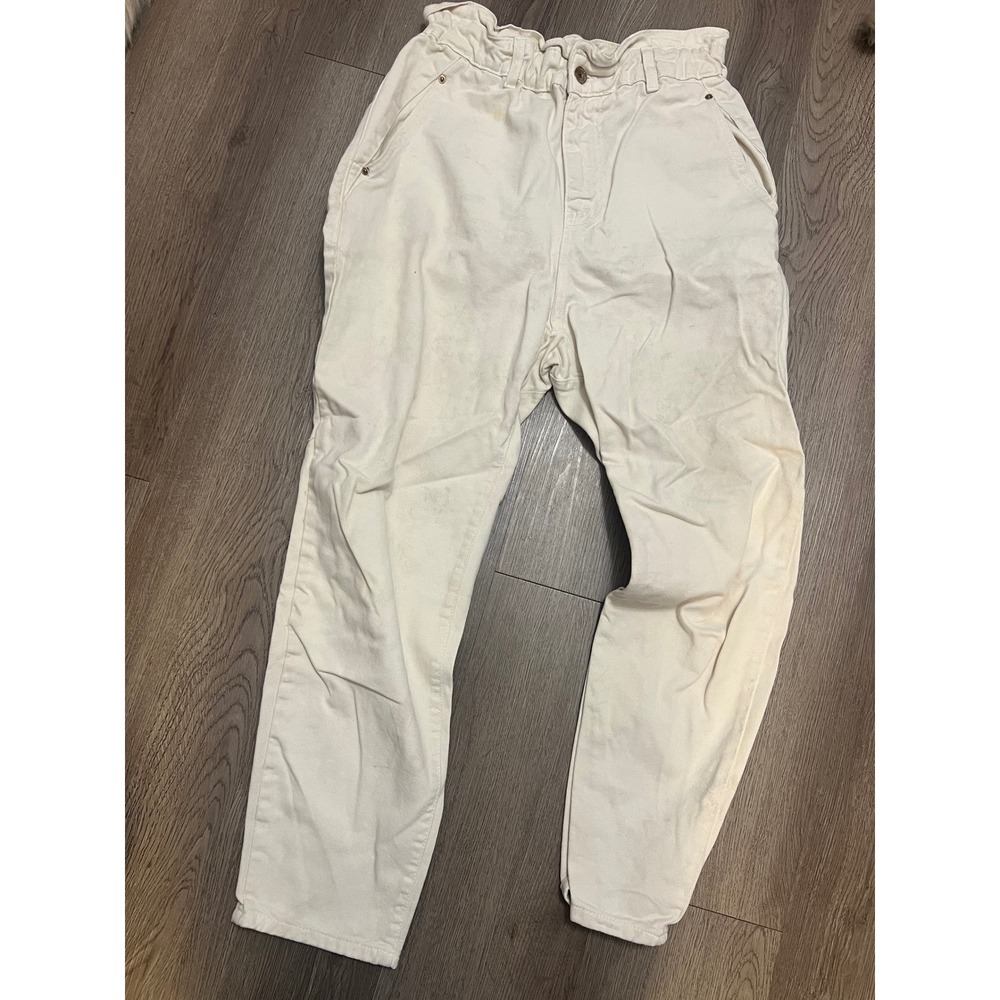 Zara Womens High Waisted Paperbag Jeans Cream Off White Size 6 Tapered Leg